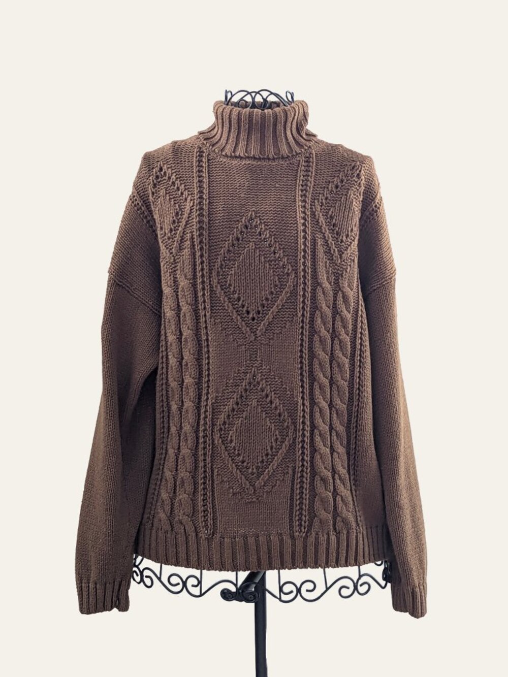 Vintage Rosanna Sweater Women L Brown Cable Knit Turtleneck Ramie Cotton